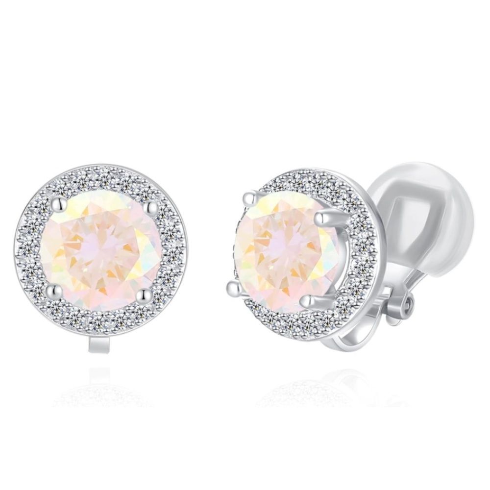 Silver with Aurora Borealis and Diamond Cubic Zirconia Stud Clip On Earrings